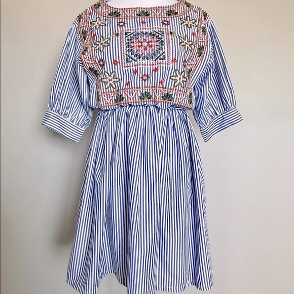 Boho Floral Euro Embroidered Candy Striped Dress - Picture 2 of 6